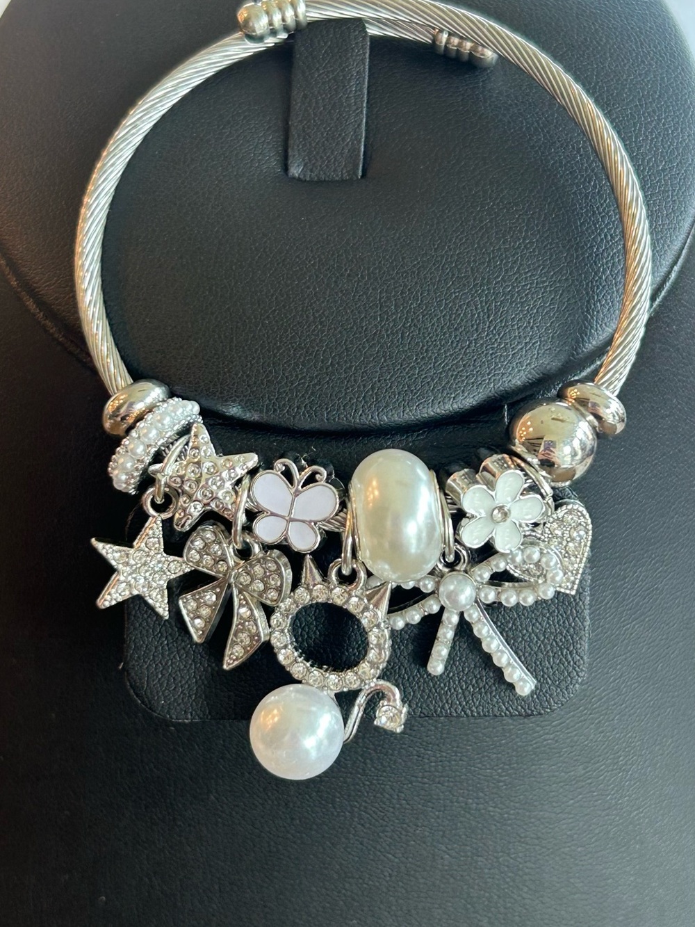 Brand New  Silver-Tone Charm Bangle with Faux Pearls & Floral Accents